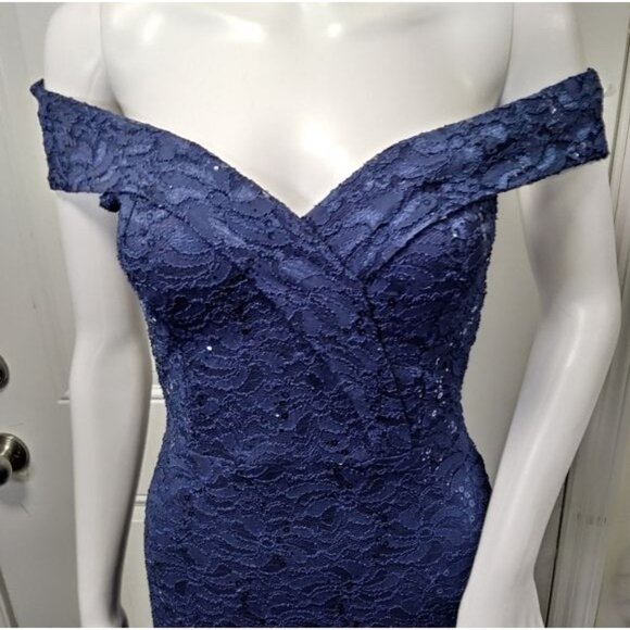NWOT Quiz Bardot Embellished Sequin Cocktail Formal Prom Gown Navy Blue 4 - Picture 4 of 12